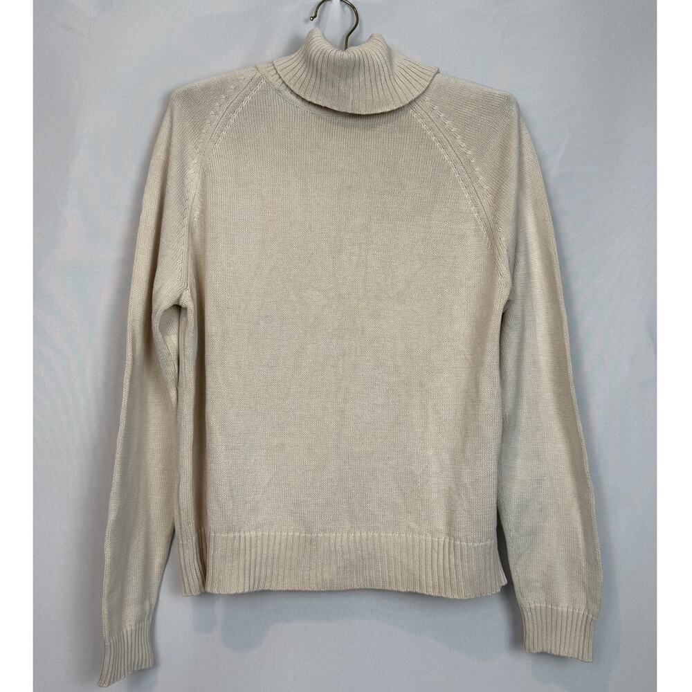 August Silk Cream Turtleneck Sweater Size L 70% Silk Knit Quiet Luxury